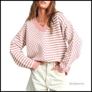 V-Neck Pullover Sweater Knit Oversized Slouchy Casual Lightweight Winter Spring